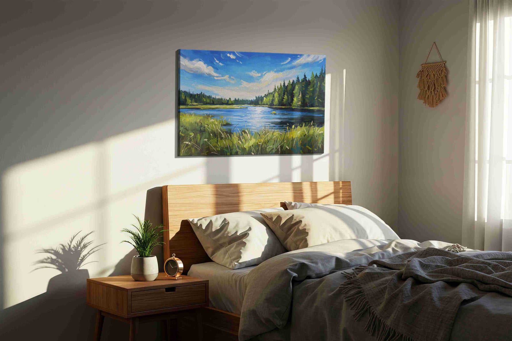 Tranquil Reflections of Summer landscape canvas print, displayed in a bedroom