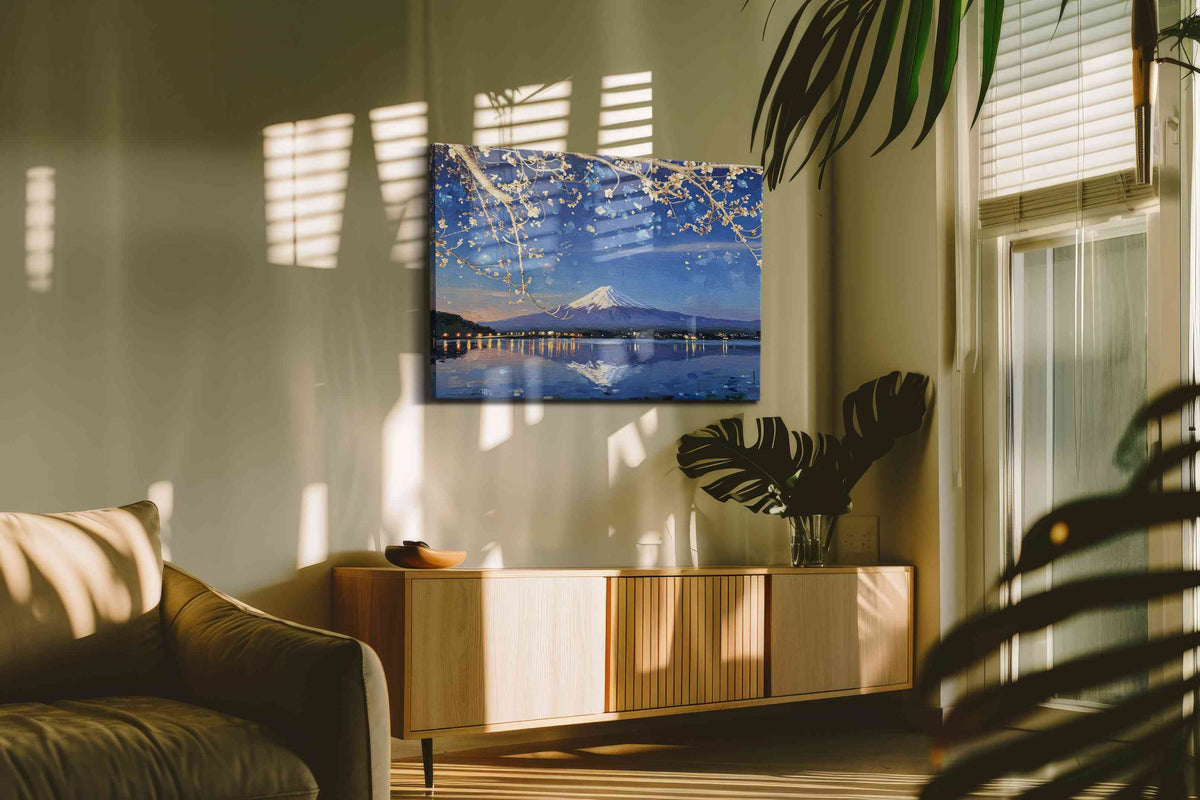 Twilight Blossoms Over Serenity landscape canvas print, displayed in a living room