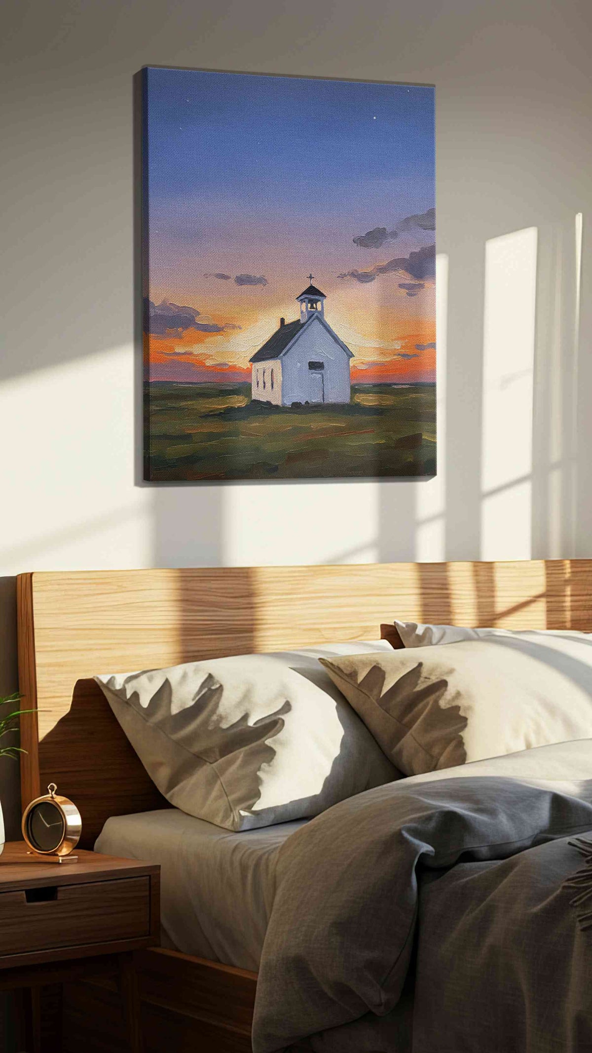 Twilight Serenity Chapel landscape canvas print, displayed in a bedroom