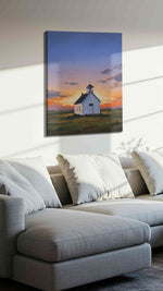 Twilight Serenity Chapel landscape canvas print, displayed in a living room