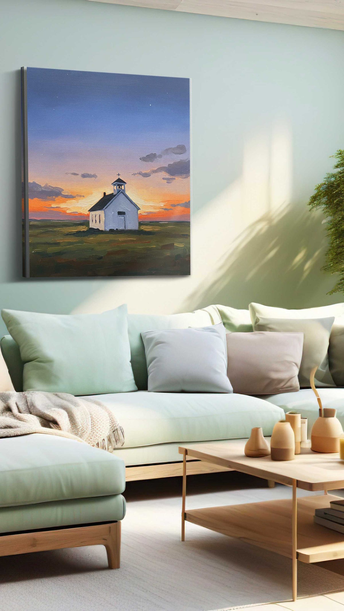 Twilight Serenity Chapel landscape canvas print, hanging on wall