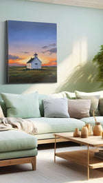 Twilight Serenity Chapel landscape canvas print, hanging on wall