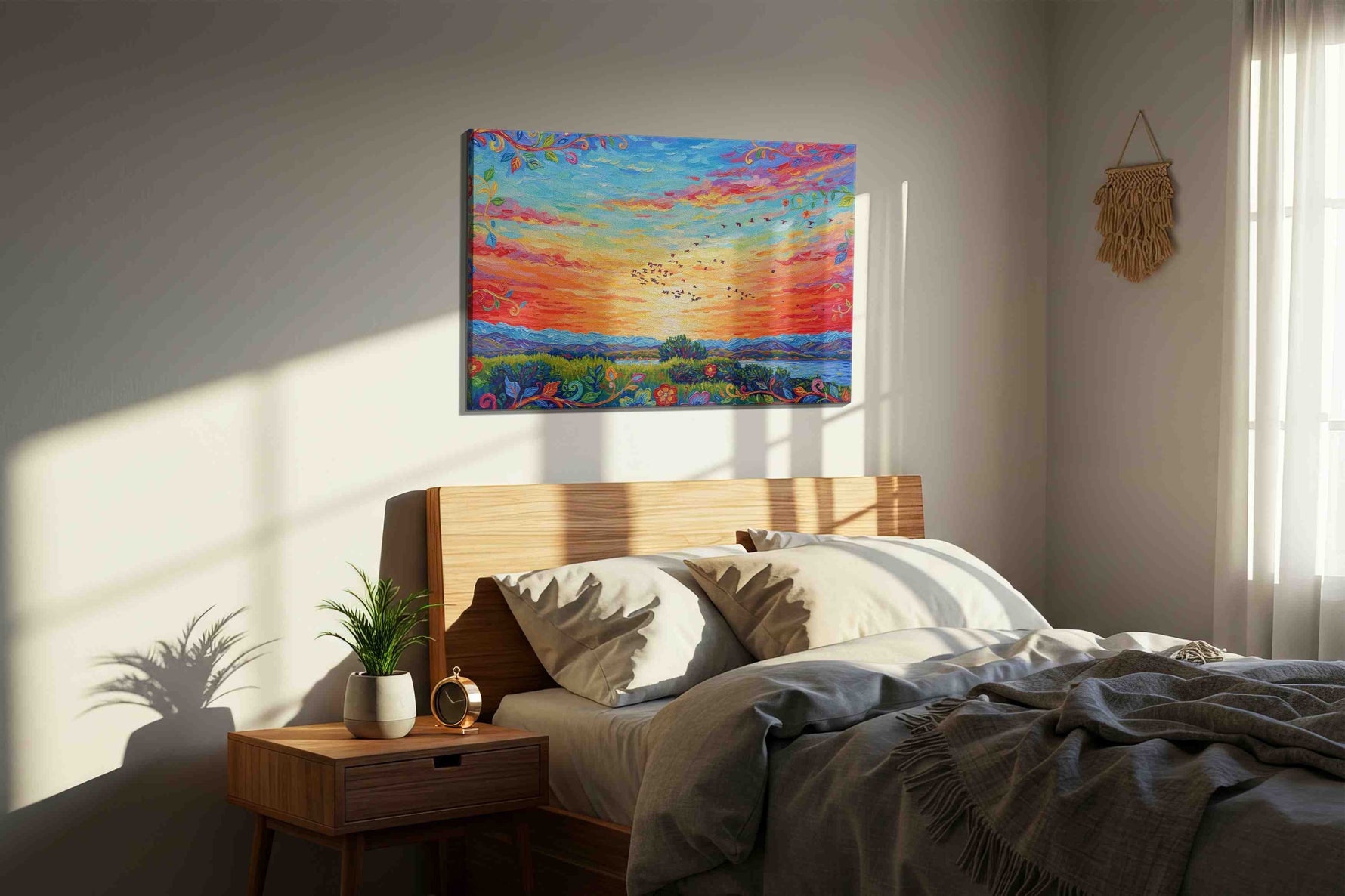 Vibrant Sunset Symphony landscape canvas print, displayed in a bedroom