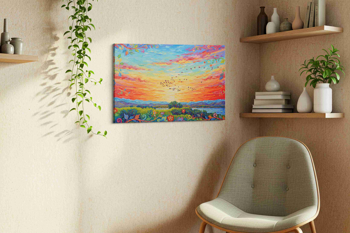 Vibrant Sunset Symphony landscape canvas print, displayed in a living room