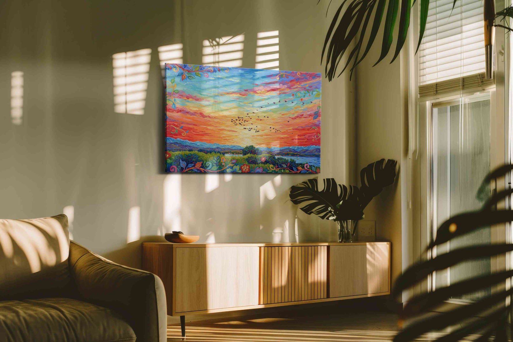 Vibrant Sunset Symphony landscape canvas print, on wall, lifestyle preview