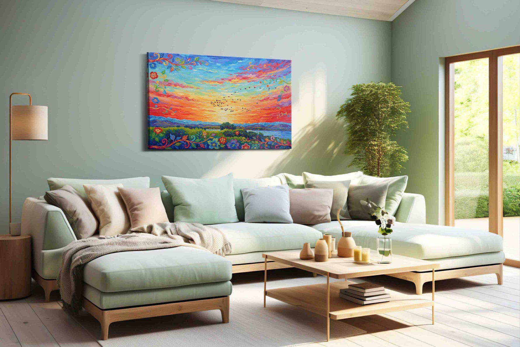 Vibrant Sunset Symphony landscape canvas print, hanging on wall