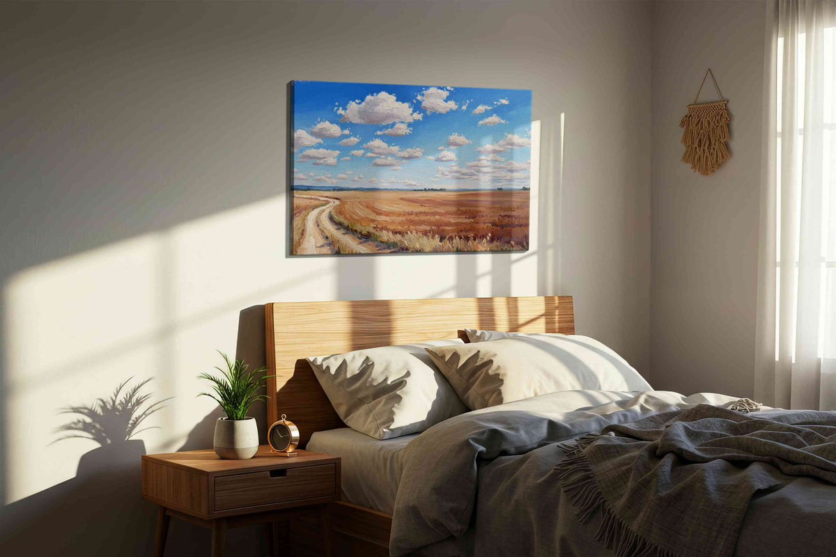 Wanderer's Dreamscape landscape canvas print, displayed in a bedroom
