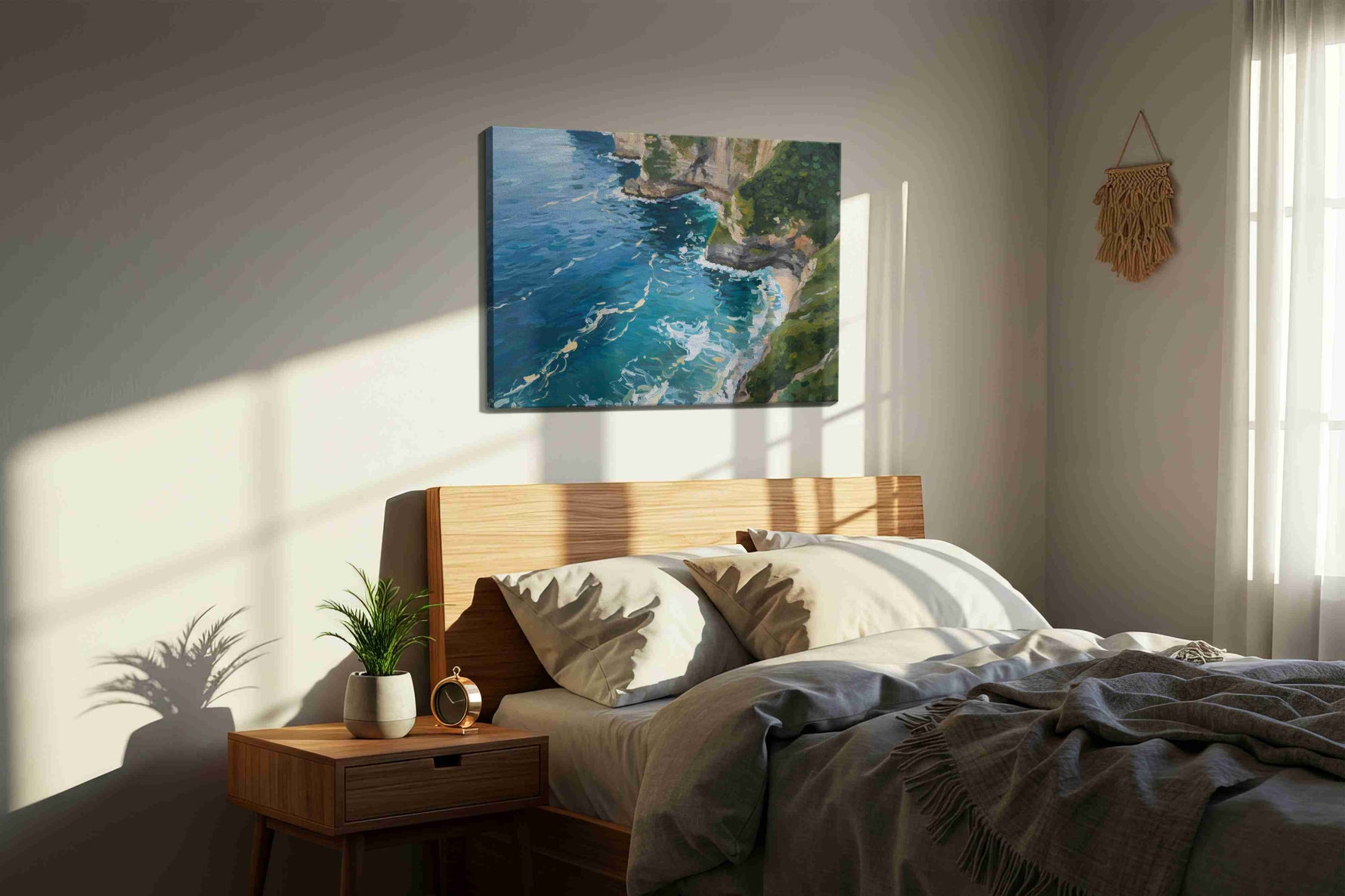 Waves Whisper to Cliffs landscape canvas print, displayed in a bedroom