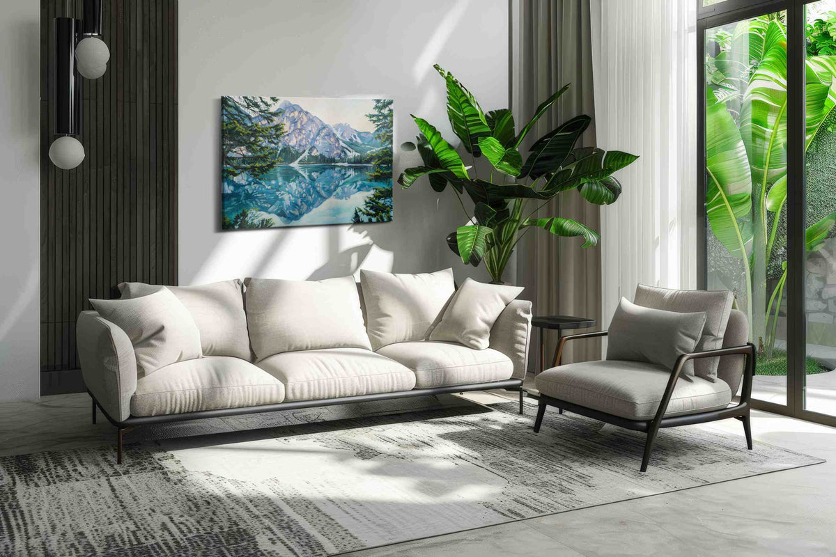 Whispering Alpine Waters landscape canvas print in a hung canvas mockup