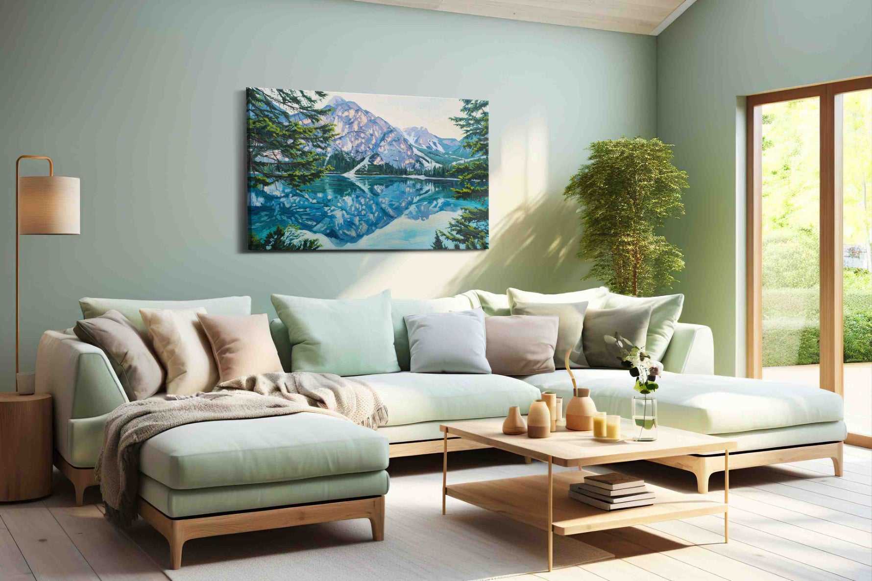 Whispering Alpine Waters landscape canvas print, hanging on wall