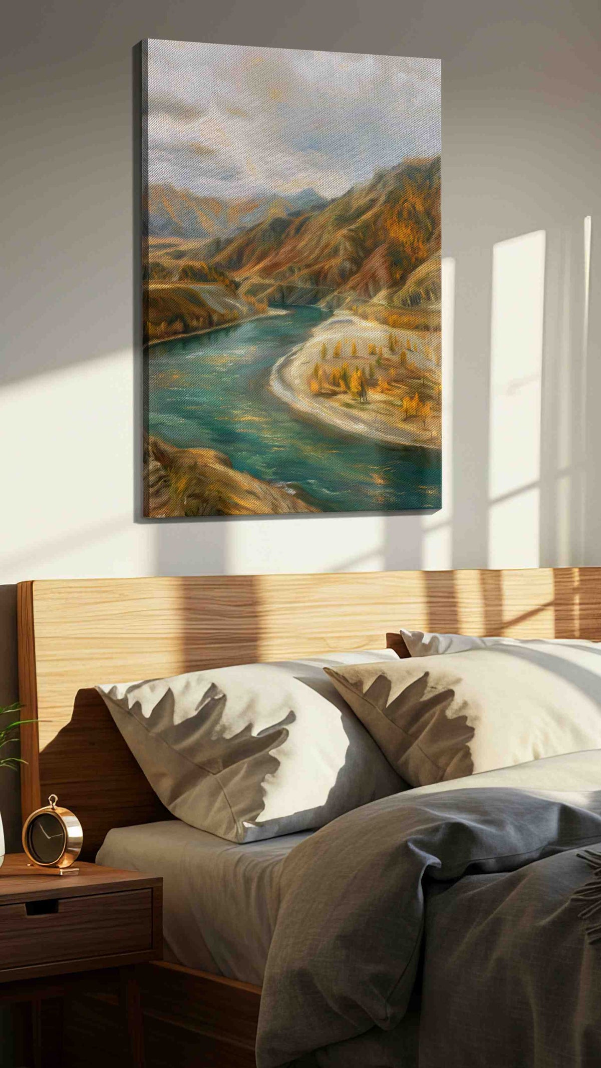 Whispering Autumn River landscape canvas print, displayed in a bedroom