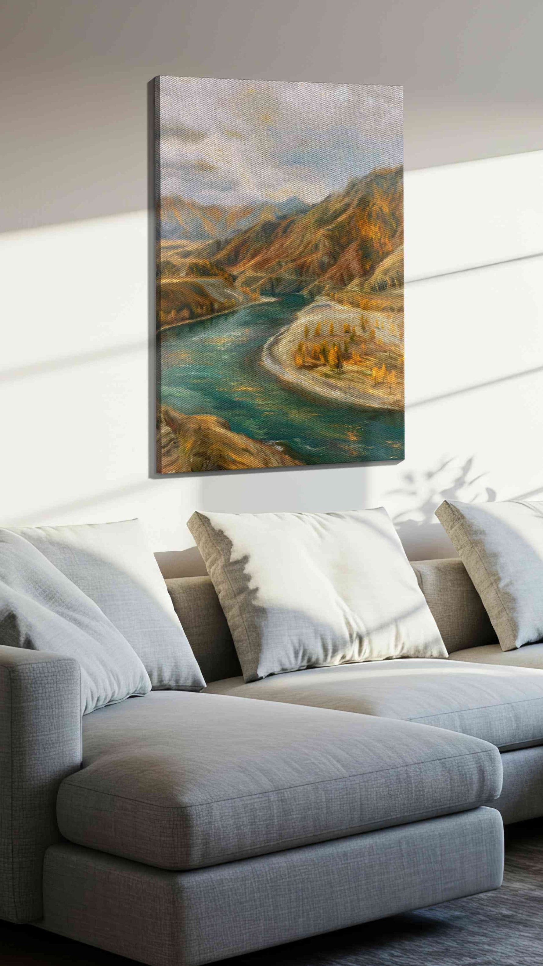 Whispering Autumn River landscape canvas print, displayed in a living room