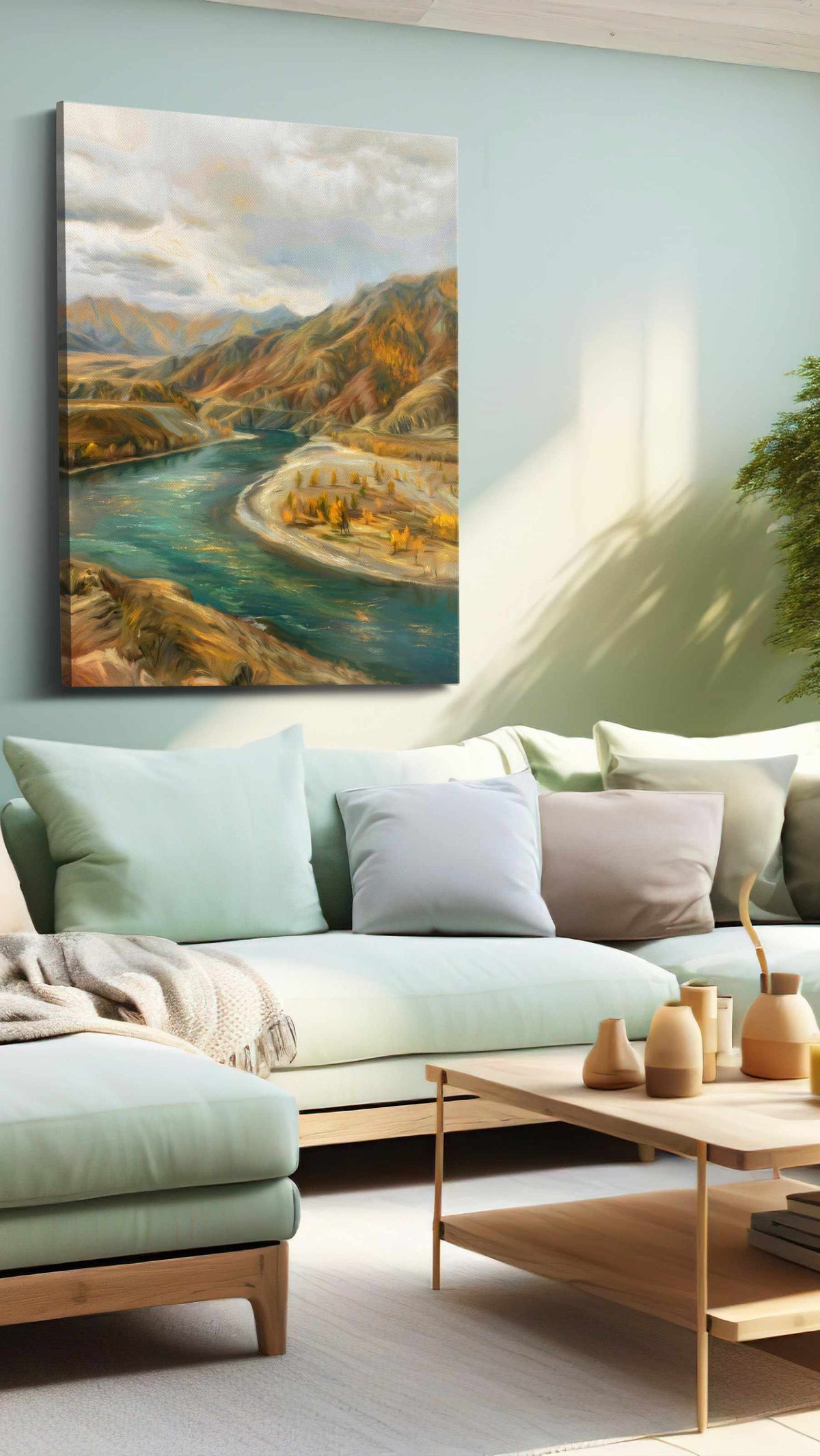Whispering Autumn River landscape canvas print, hanging on wall