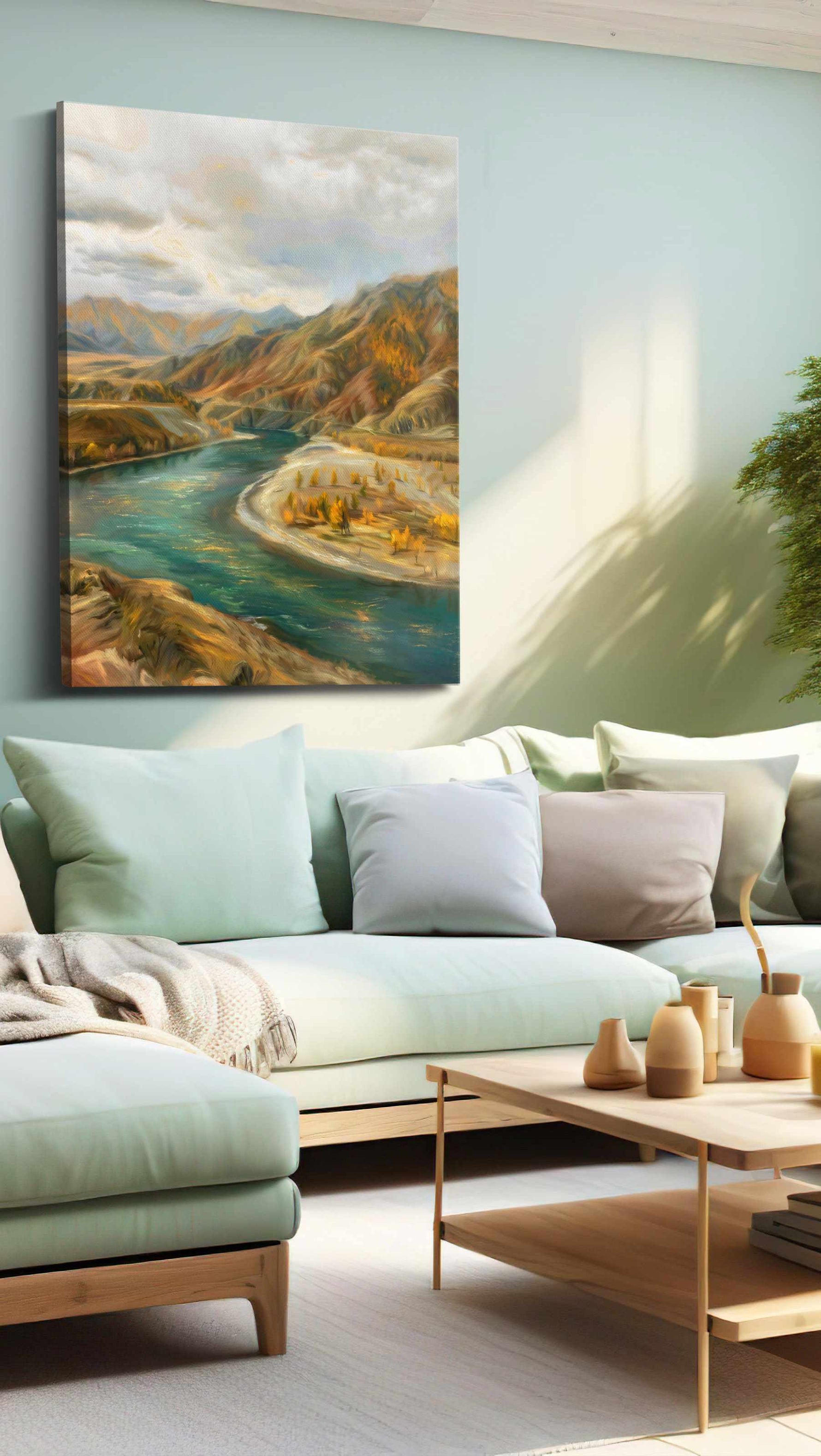 Whispering Autumn River landscape canvas print, hanging on wall