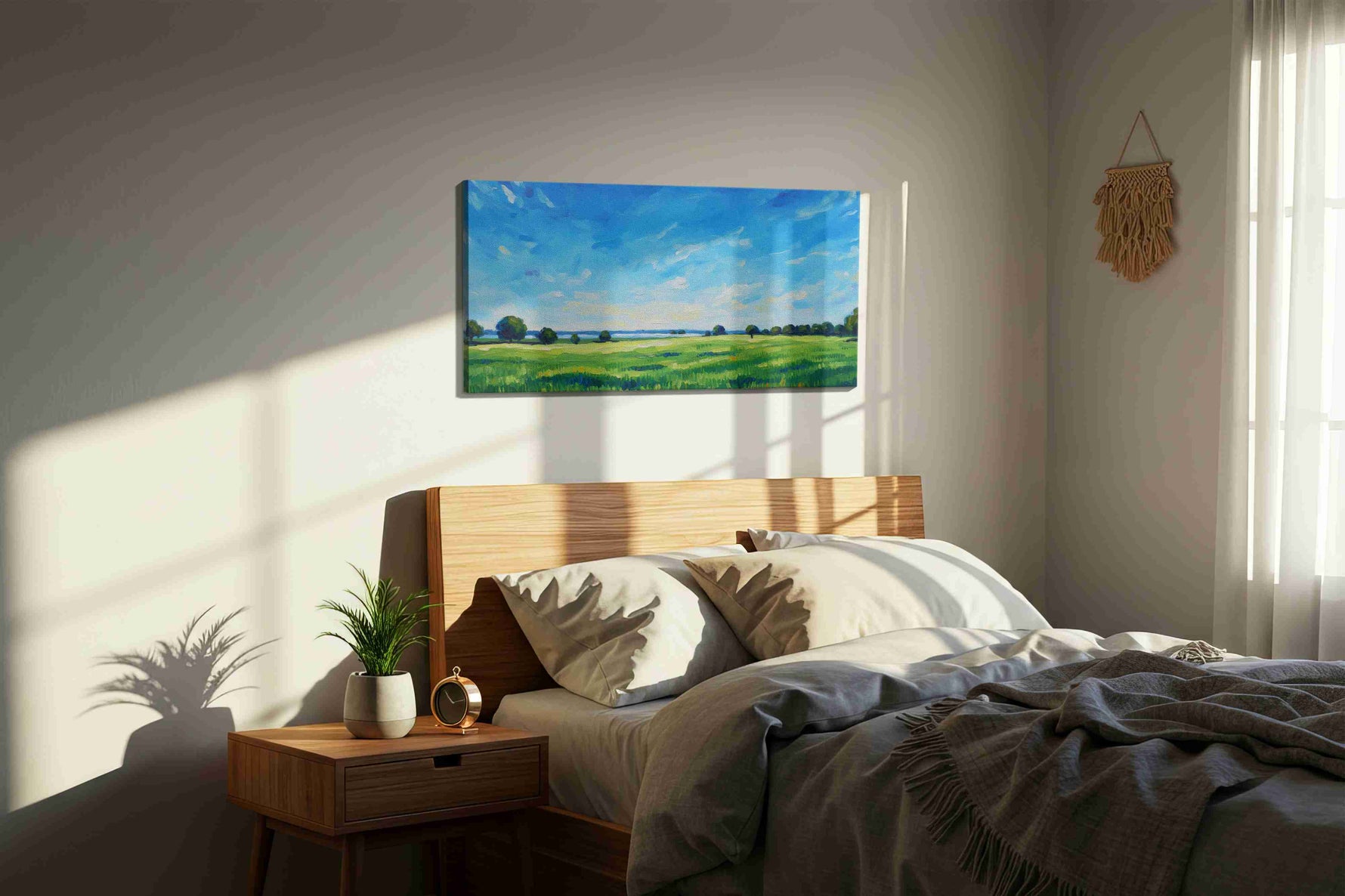 Whispering Fields of Summer landscape canvas print, displayed in a bedroom