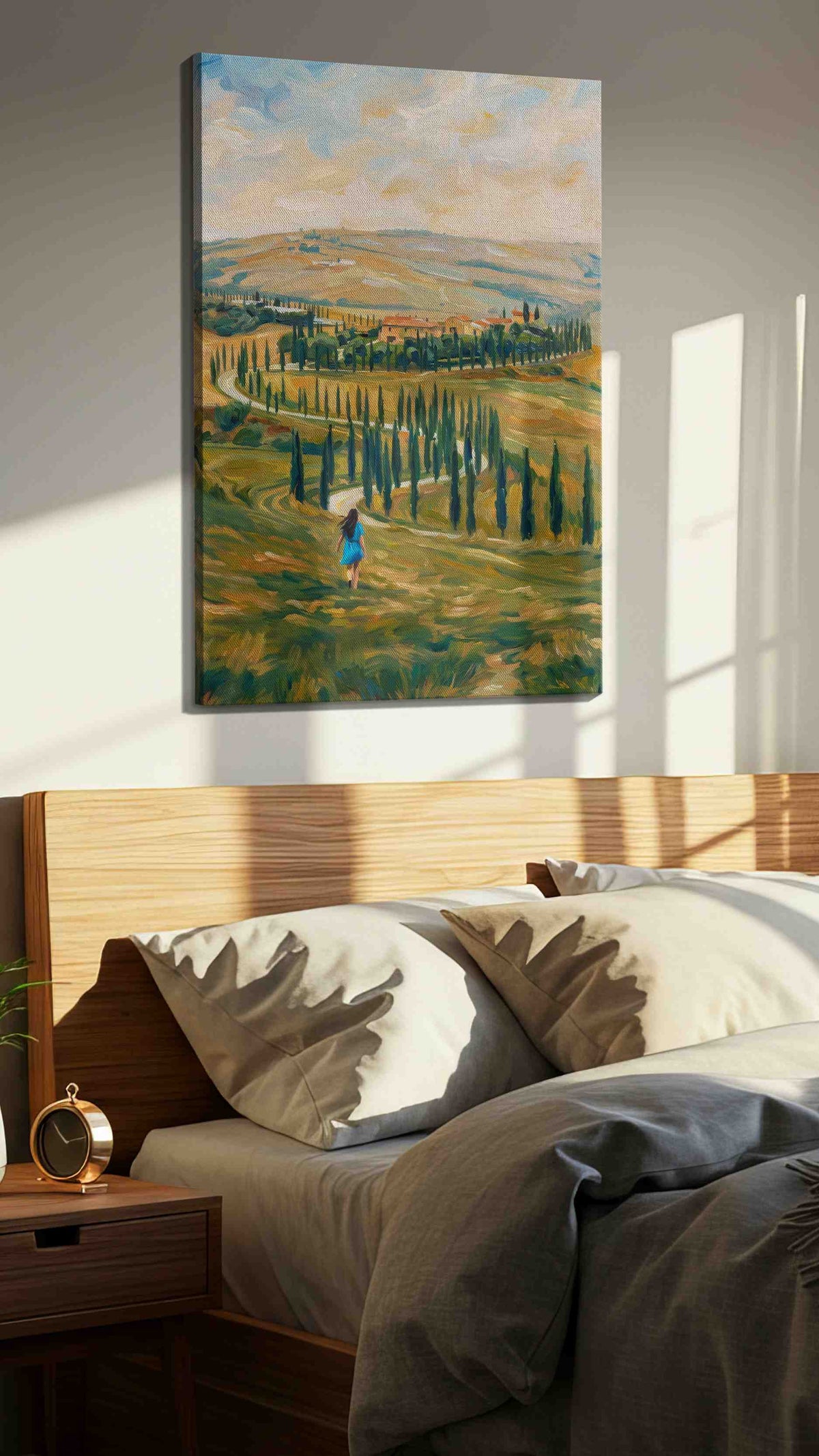 Whispering Fields of Tuscany landscape canvas print, displayed in a bedroom