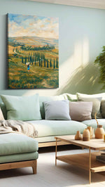 Whispering Fields of Tuscany landscape canvas print shown in a wall scene
