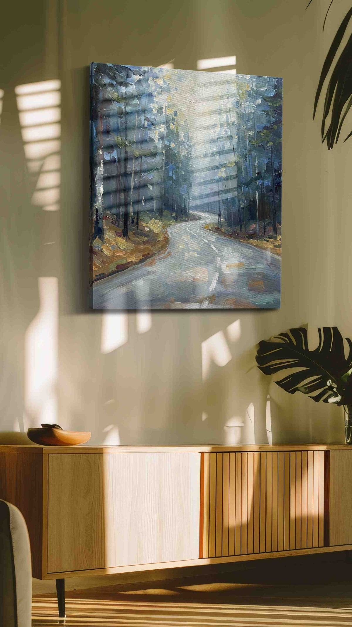 Whispering Forest Pathway landscape canvas print, on wall, lifestyle preview