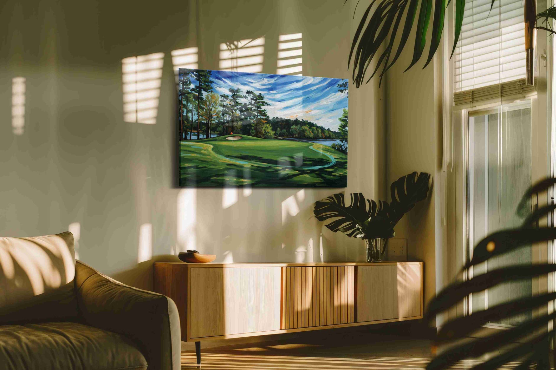 Whispering Pines Fairway landscape canvas print in a hung canvas mockup