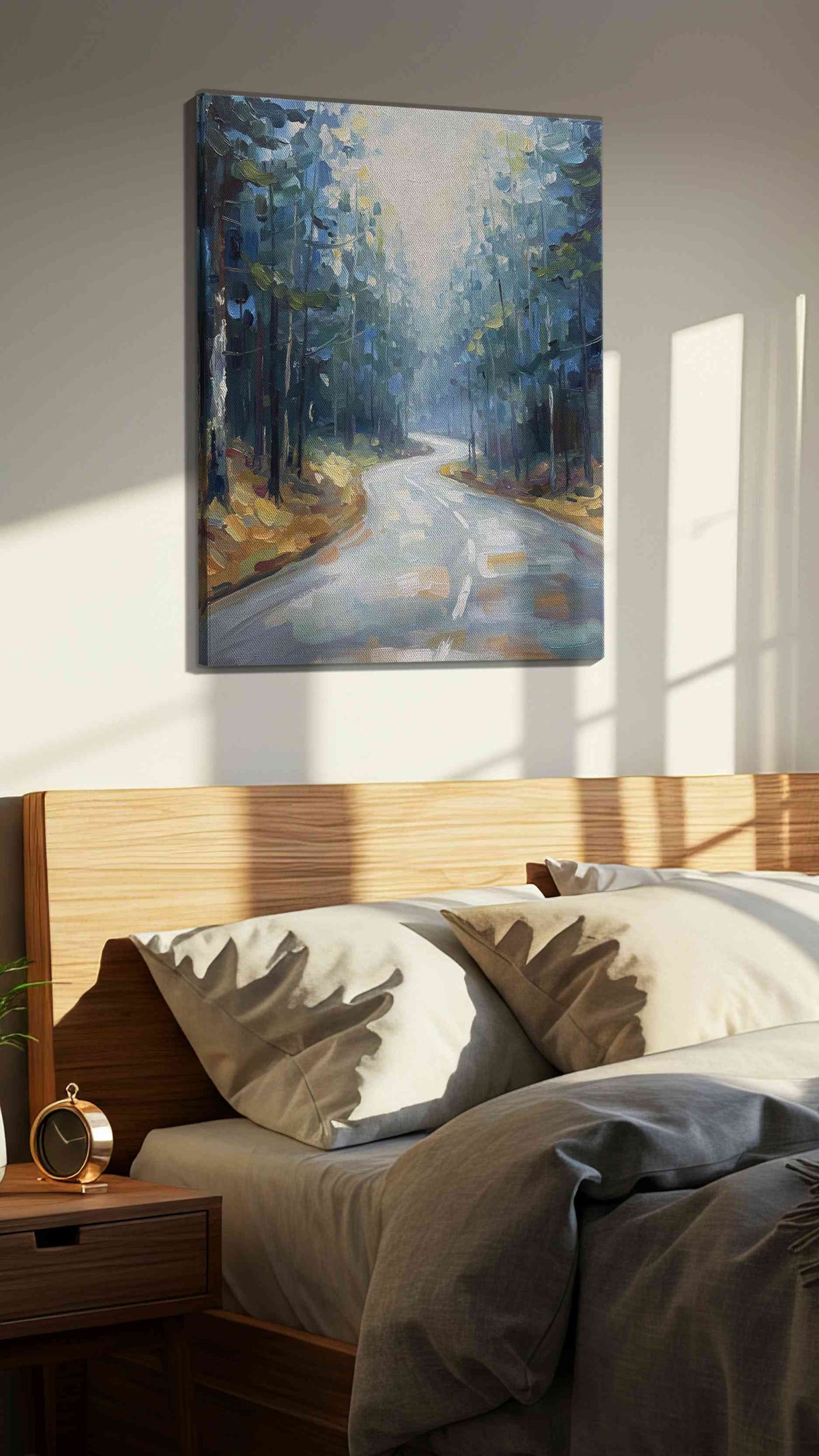 Whispering Pines Pathway landscape canvas print, displayed in a bedroom