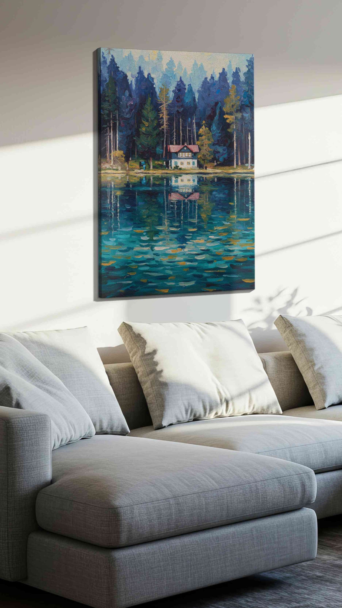 Whispers by the Lake landscape canvas print, displayed in a living room
