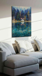 Whispers by the Lake landscape canvas print, displayed in a living room