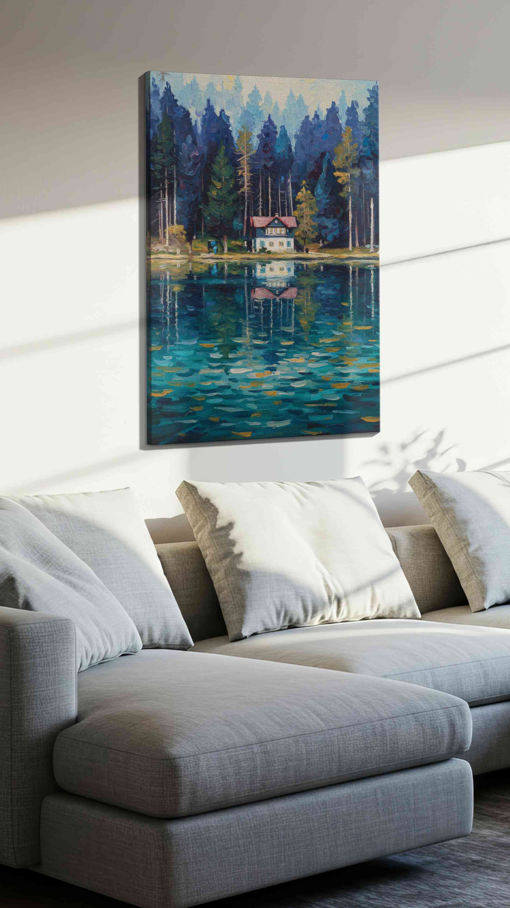 Whispers by the Lake landscape canvas print, displayed in a living room