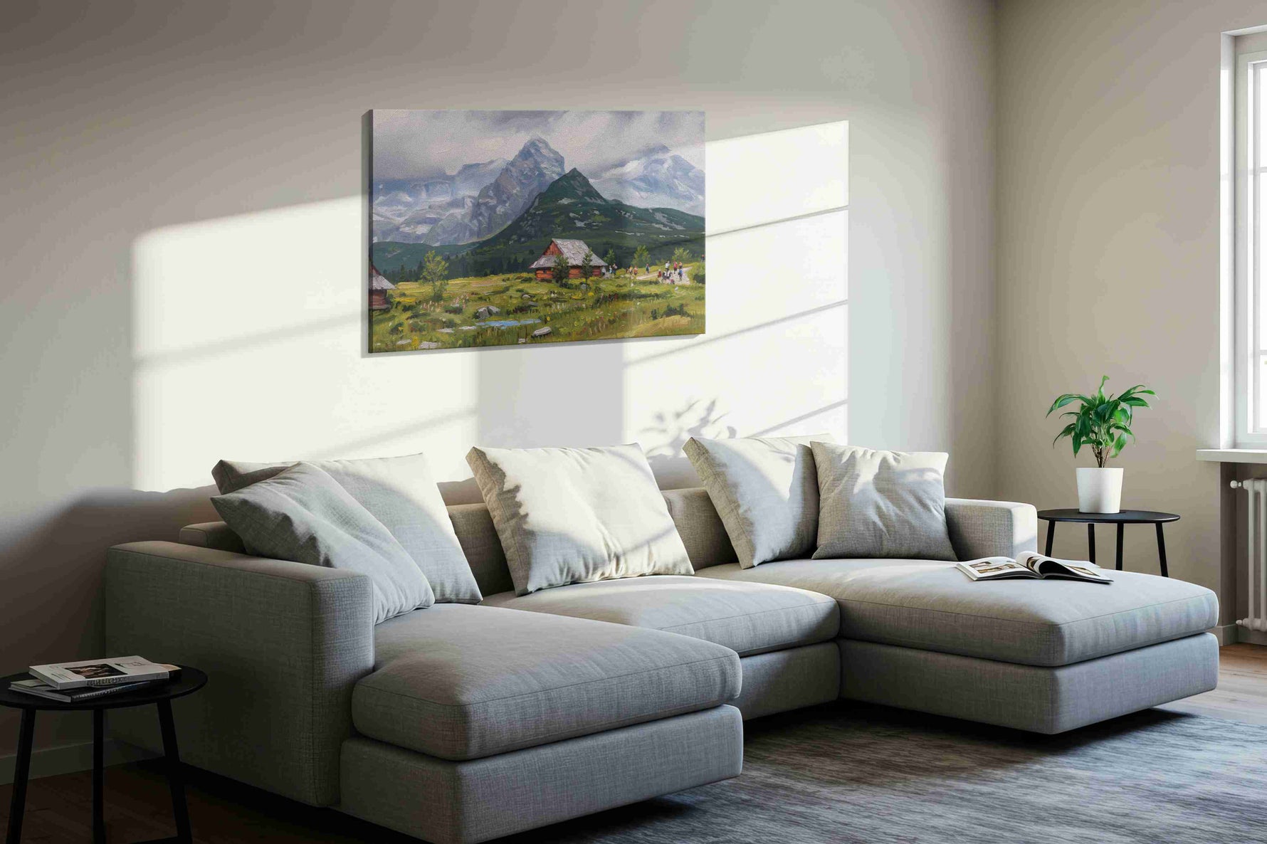 Whispers of Alpine Serenity landscape canvas print, displayed in a living room