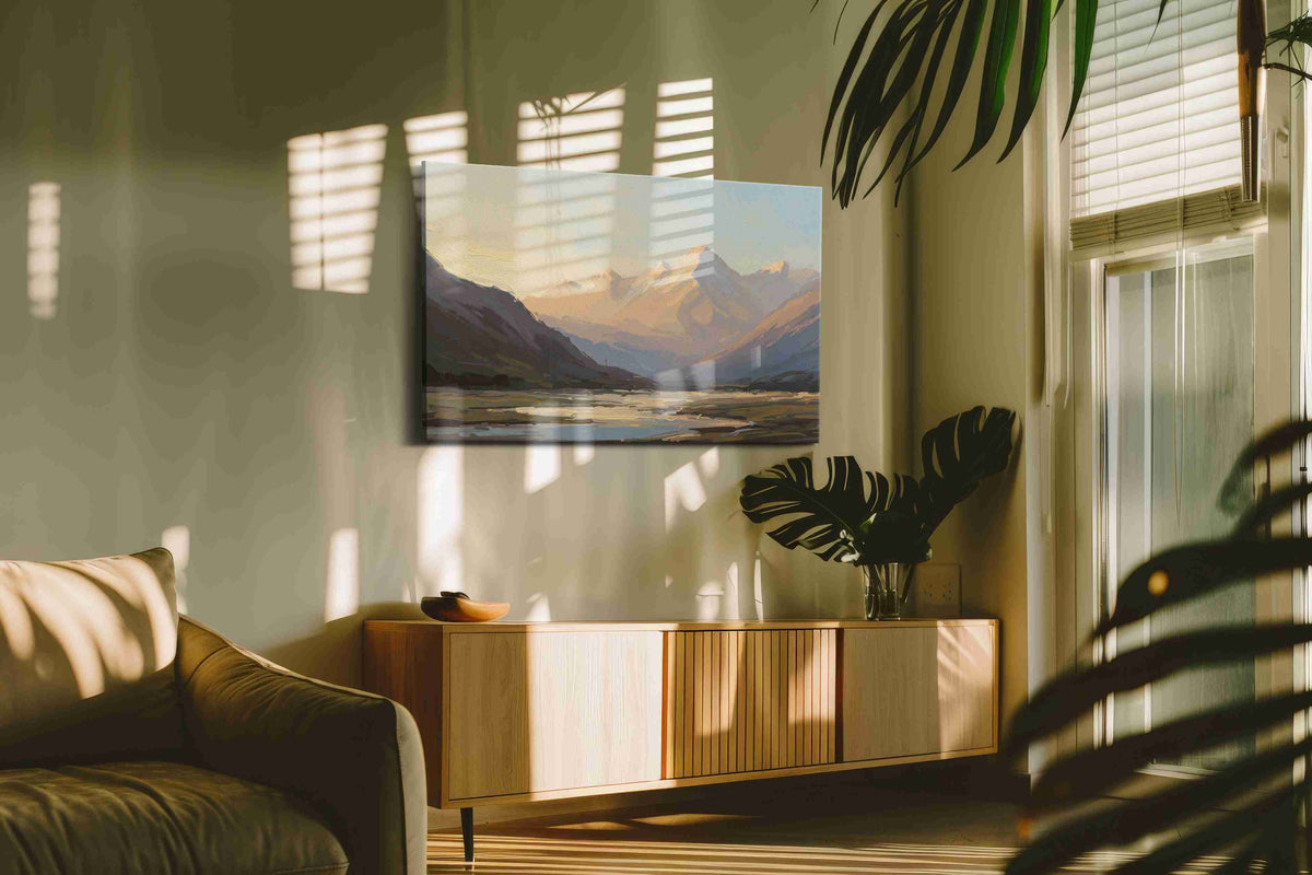 Whispers of Dawn III landscape canvas print in a contemporary interior mockup