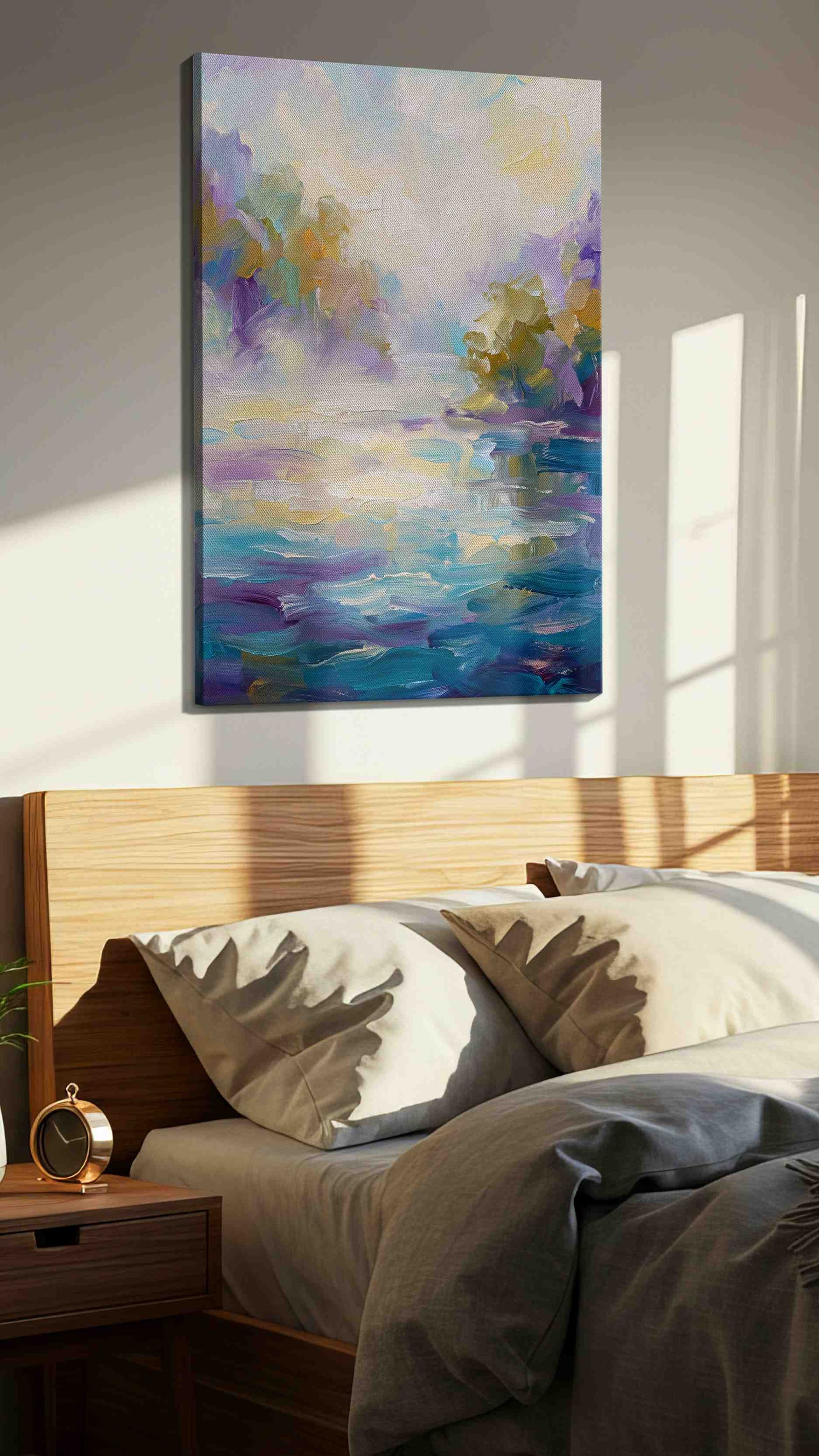 Whispers of Dawn's Embrace landscape canvas print, displayed in a bedroom
