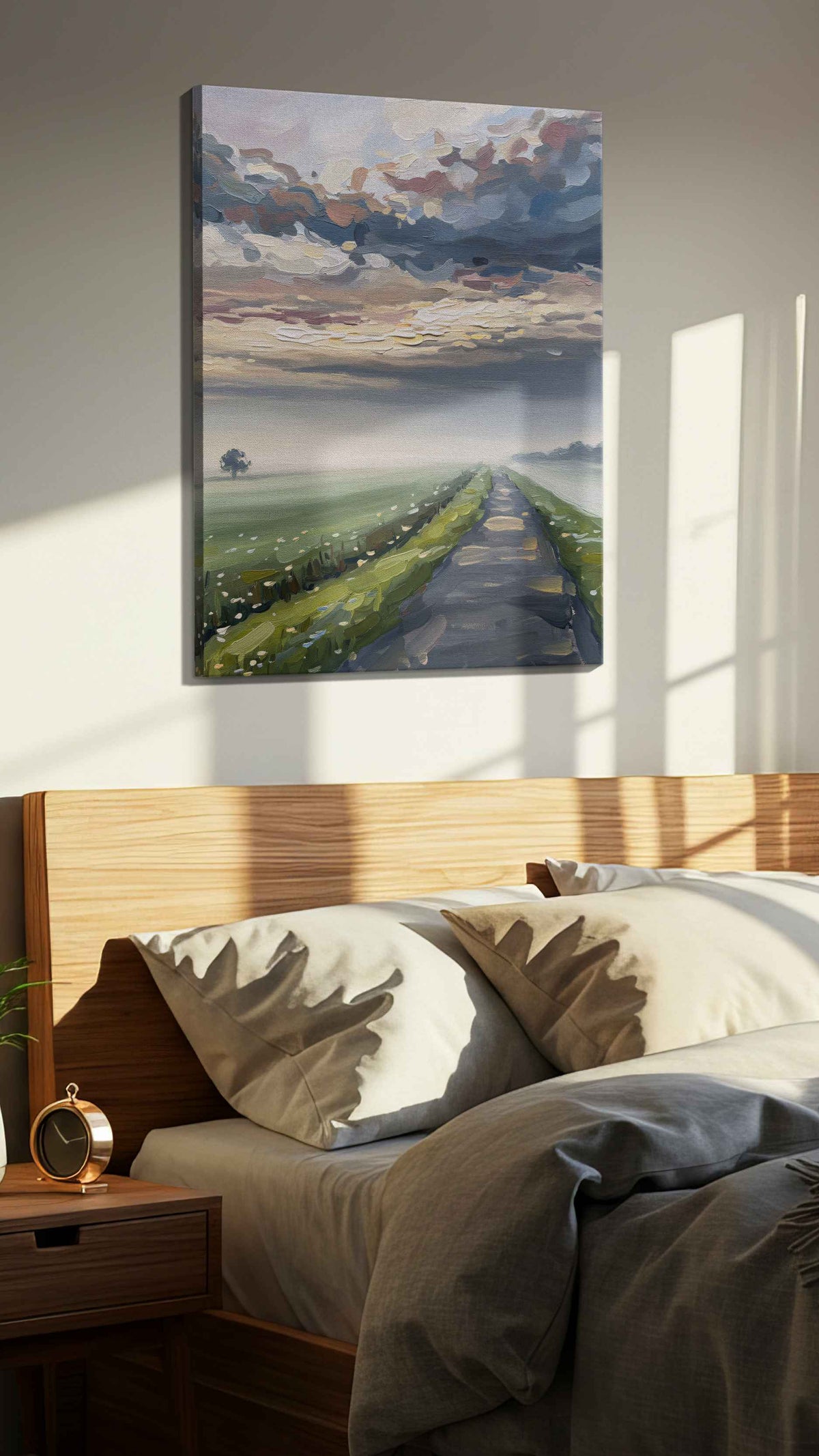 Whispers of Dawn's Journey landscape canvas print, displayed in a bedroom