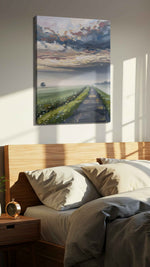 Whispers of Dawn's Journey landscape canvas print, displayed in a bedroom