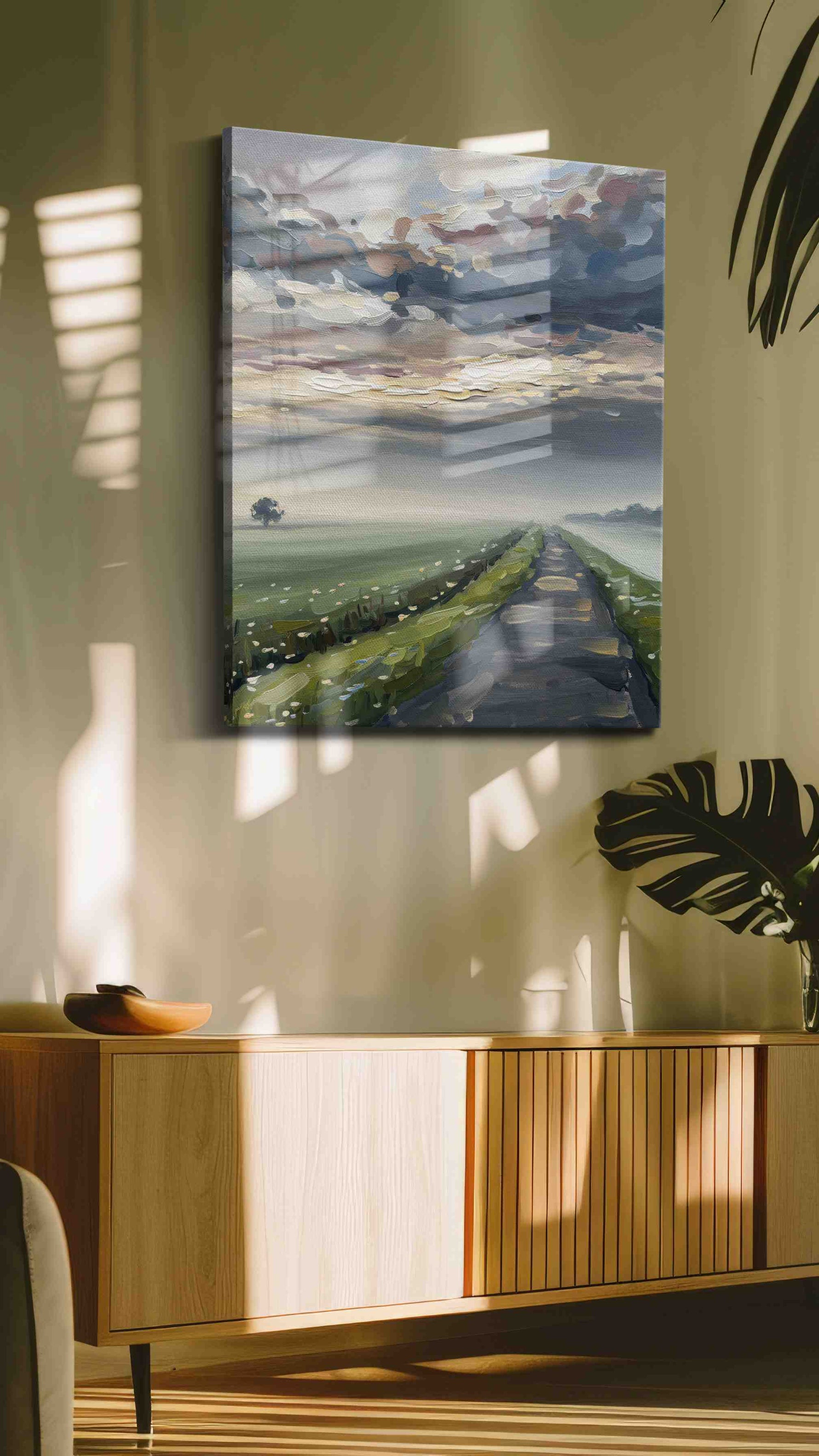 Whispers of Dawn's Journey landscape canvas print in a hung canvas mockup