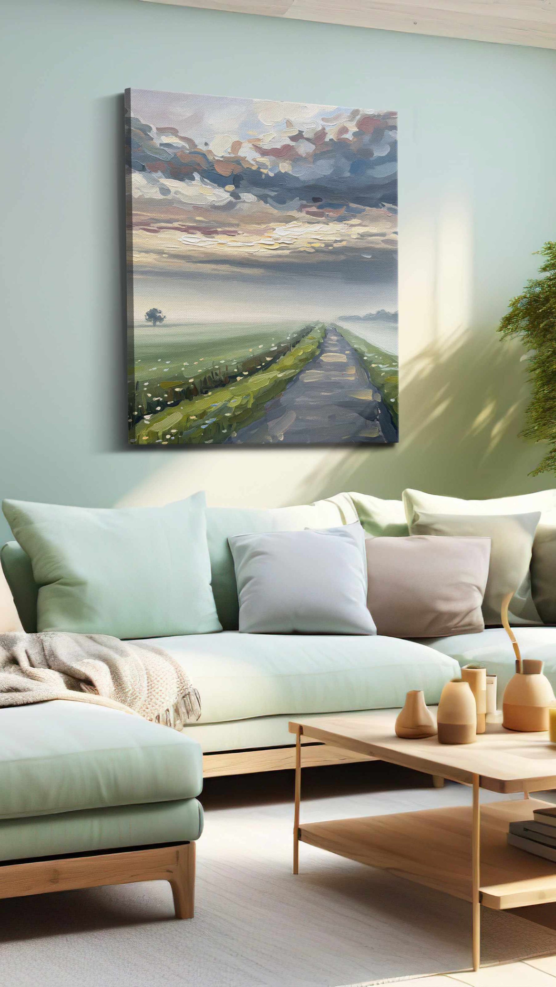 Whispers of Dawn's Journey landscape canvas print, hanging on wall