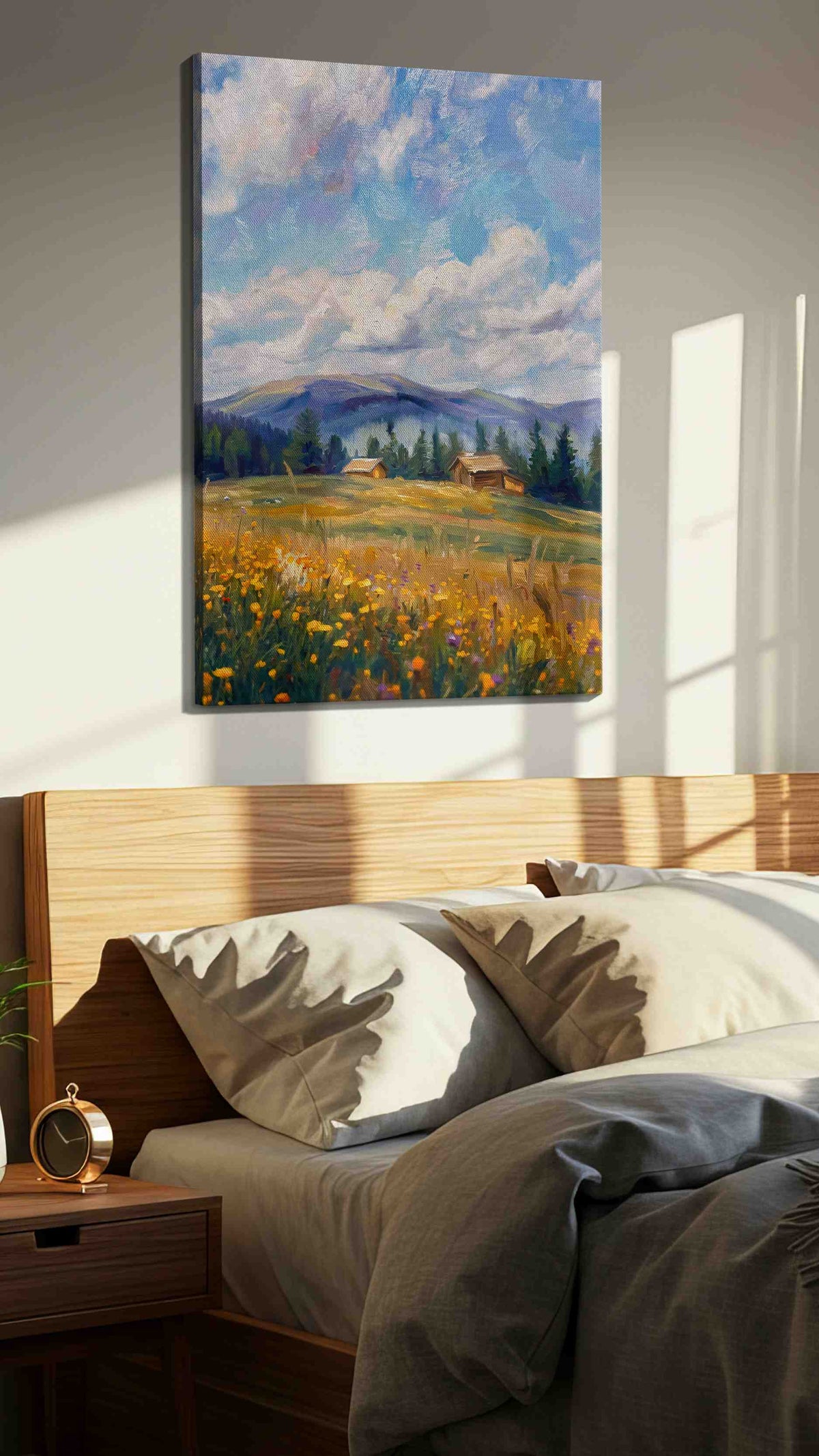 Whispers of Meadow Breezes landscape canvas print, displayed in a bedroom
