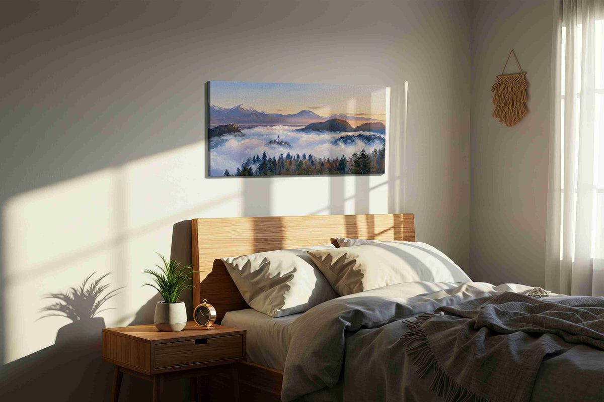 Whispers of Misty Dawn landscape canvas print, displayed in a bedroom