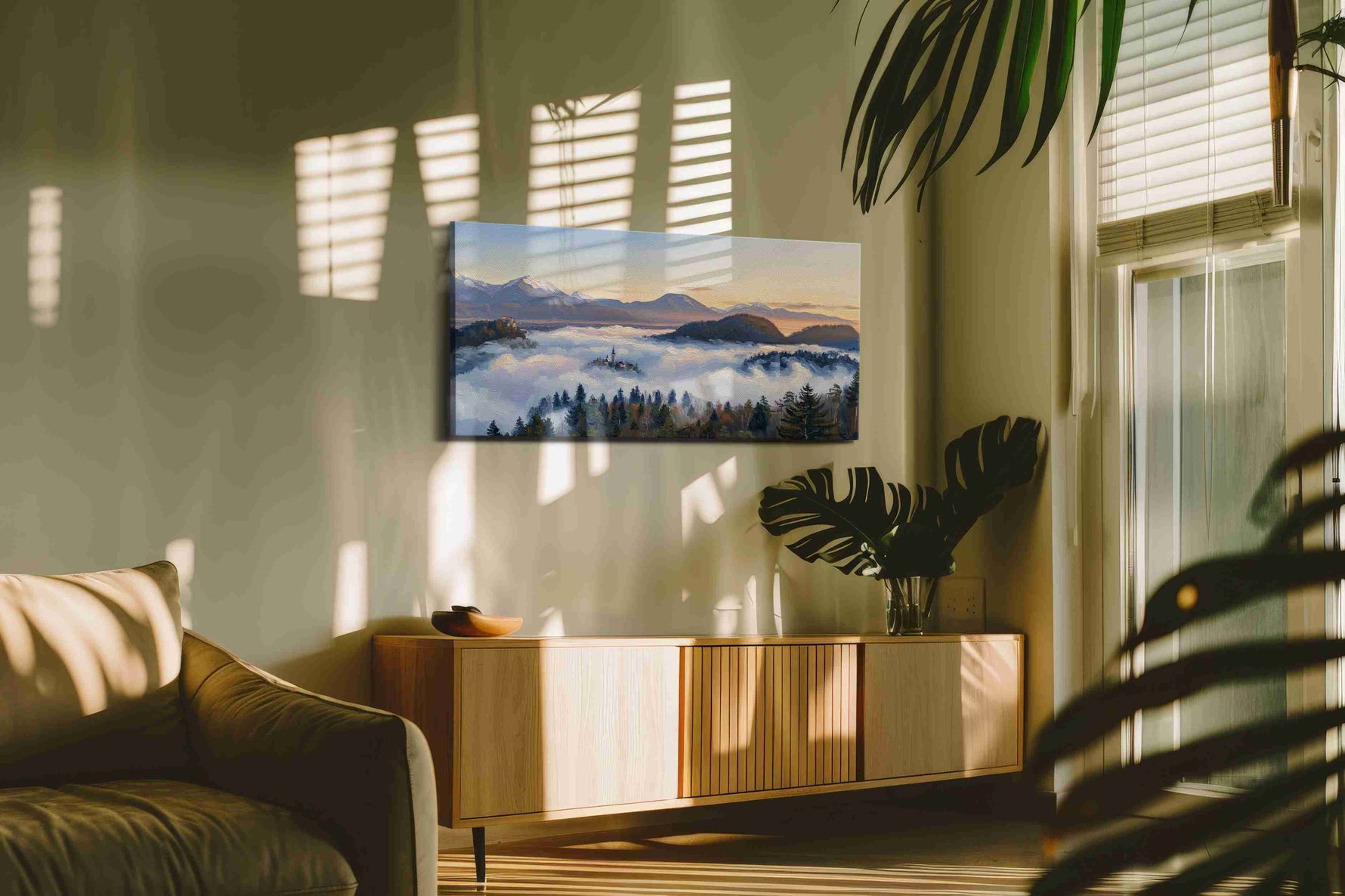 Whispers of Misty Dawn landscape canvas print in a contemporary interior mockup