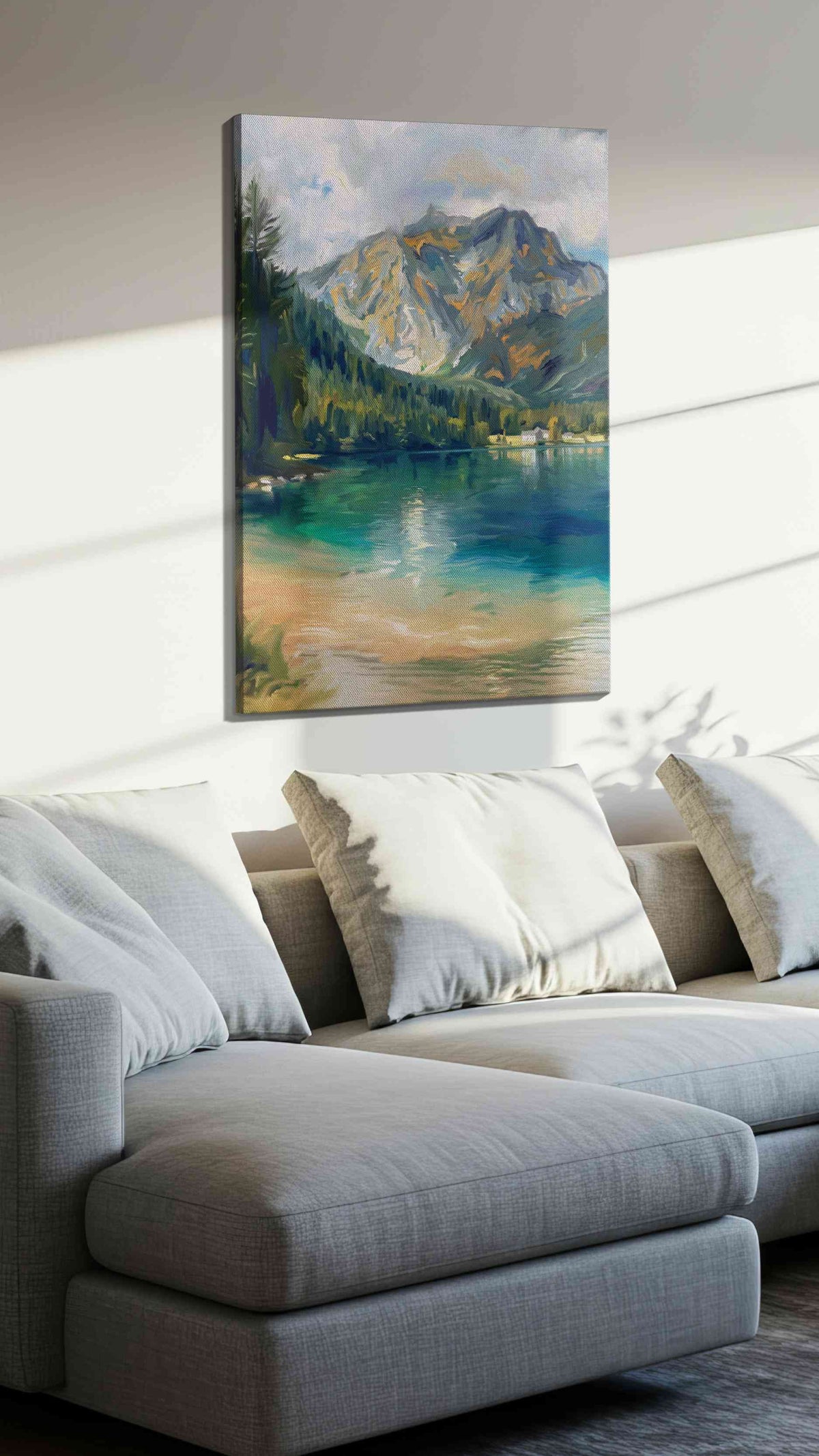 Whispers of Tranquil Peaks II landscape canvas print, displayed in a living room