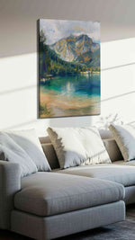 Whispers of Tranquil Peaks II landscape canvas print, displayed in a living room