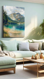 Whispers of Tranquil Peaks II landscape canvas print shown in a wall scene