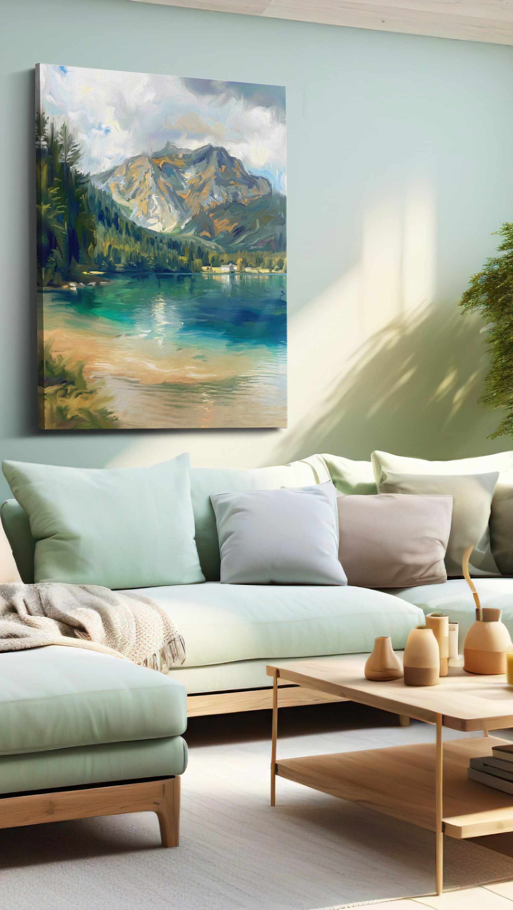 Whispers of Tranquil Peaks II landscape canvas print shown in a wall scene
