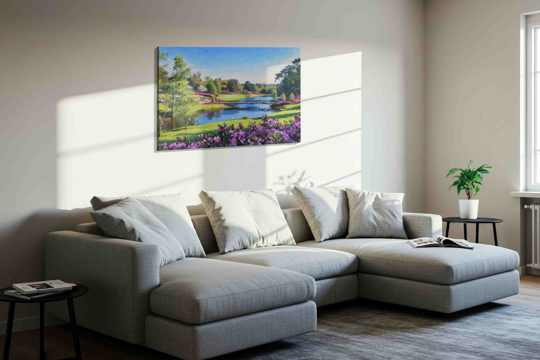 Whispers of a Spring Meadow landscape canvas print, displayed in a living room