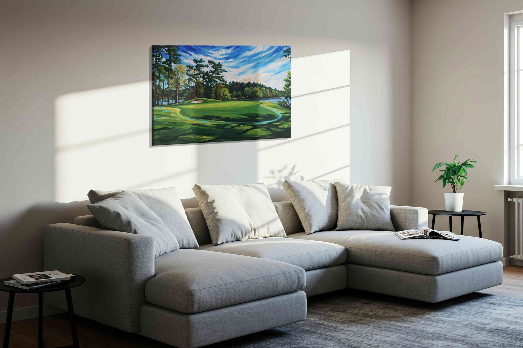 Whispers of a Summer Green landscape canvas print styled in a living room