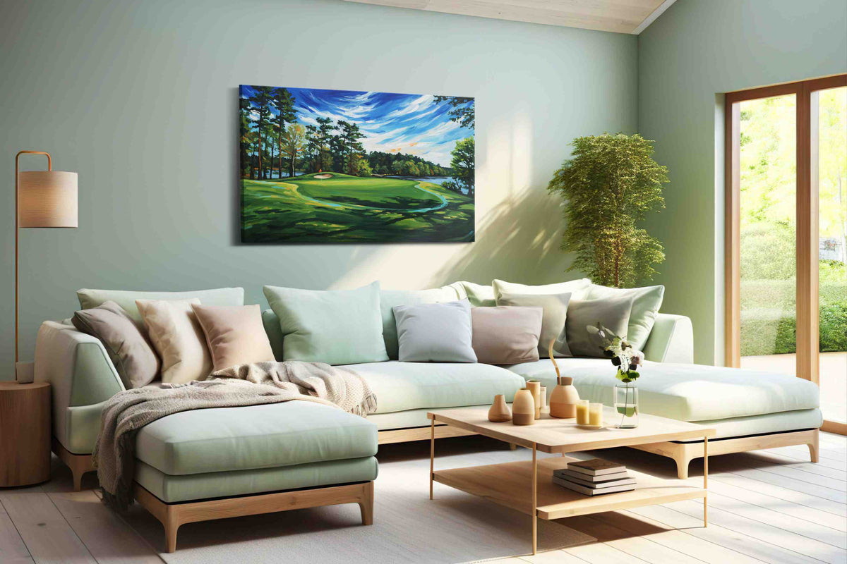 Whispers of a Summer Green landscape canvas print shown in a wall scene