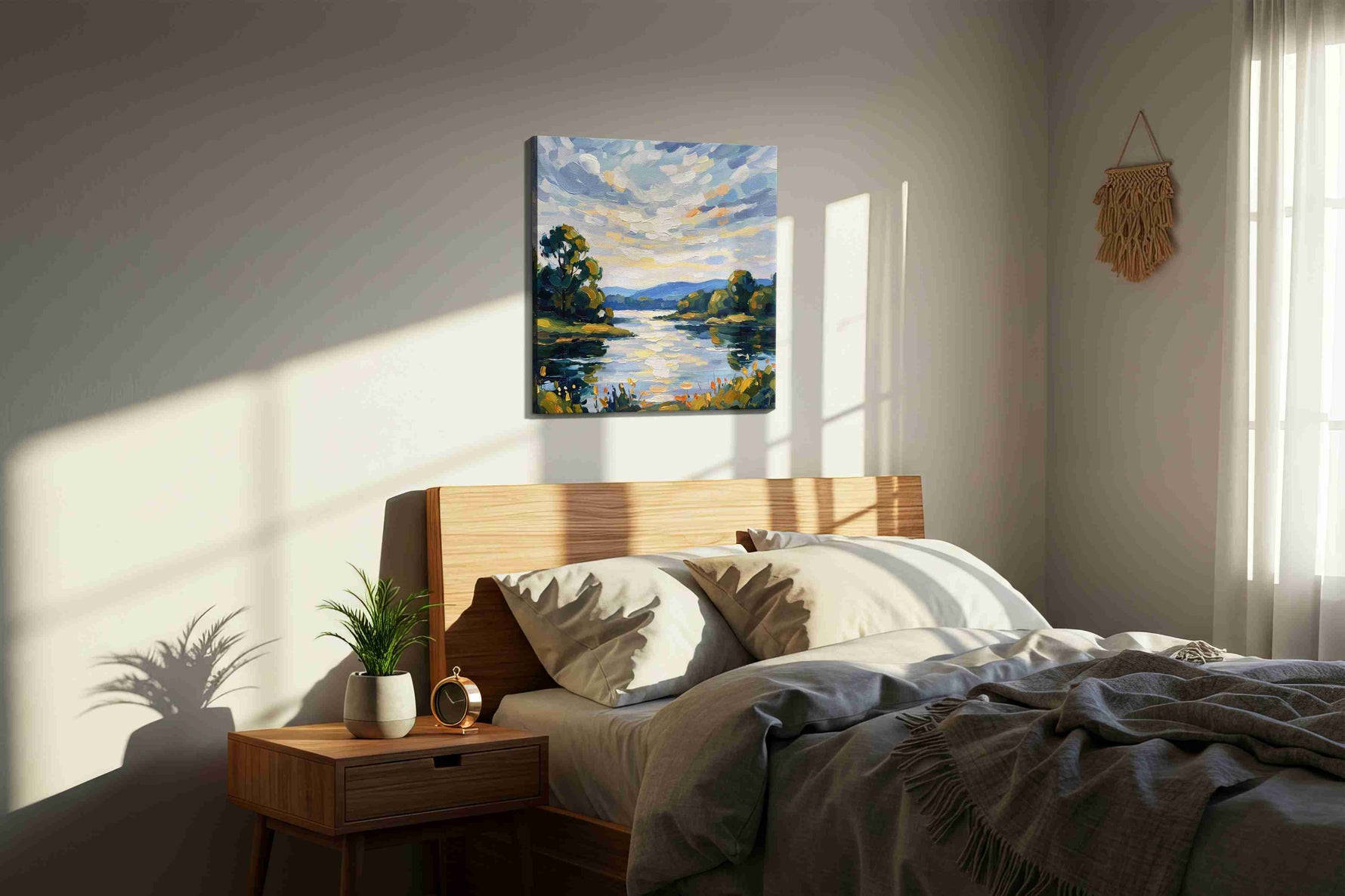Whispers of a Tranquil Dawn landscape canvas print, displayed in a bedroom