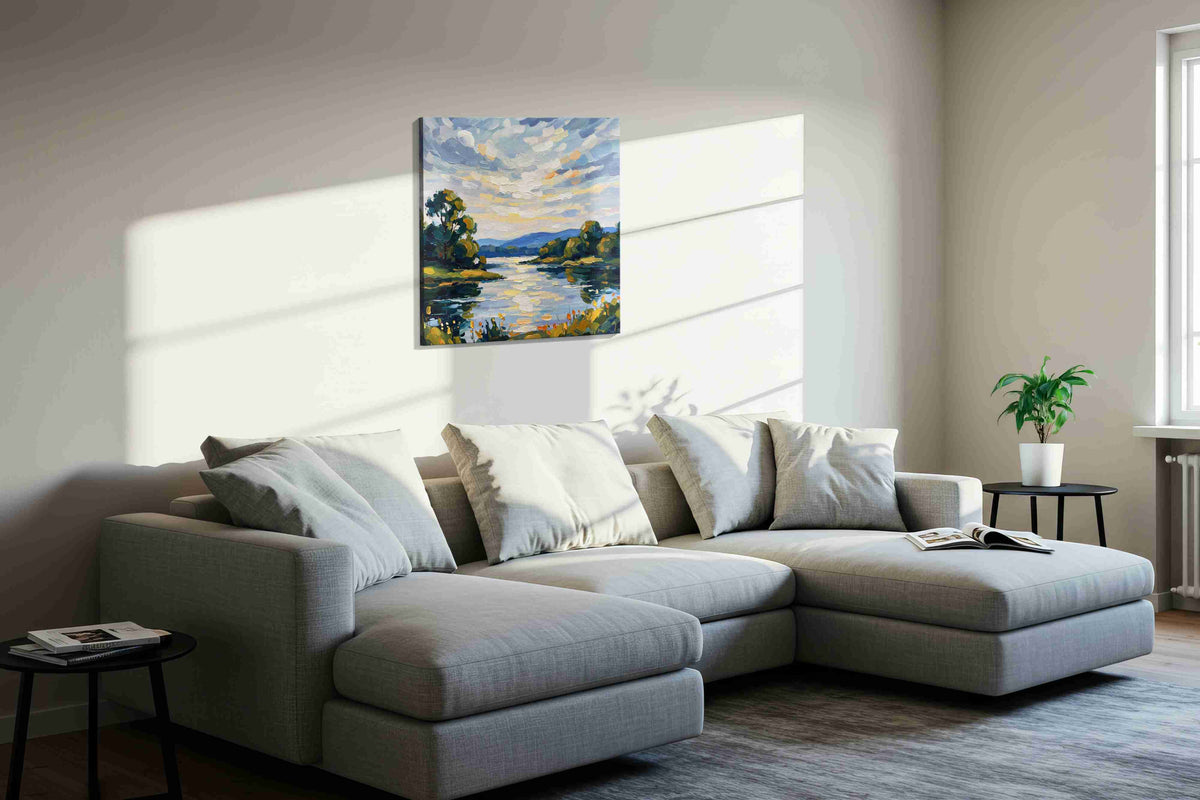 Whispers of a Tranquil Dawn landscape canvas print, displayed in a living room