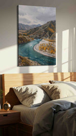 Whispers of the Autumn River landscape canvas print, displayed in a bedroom