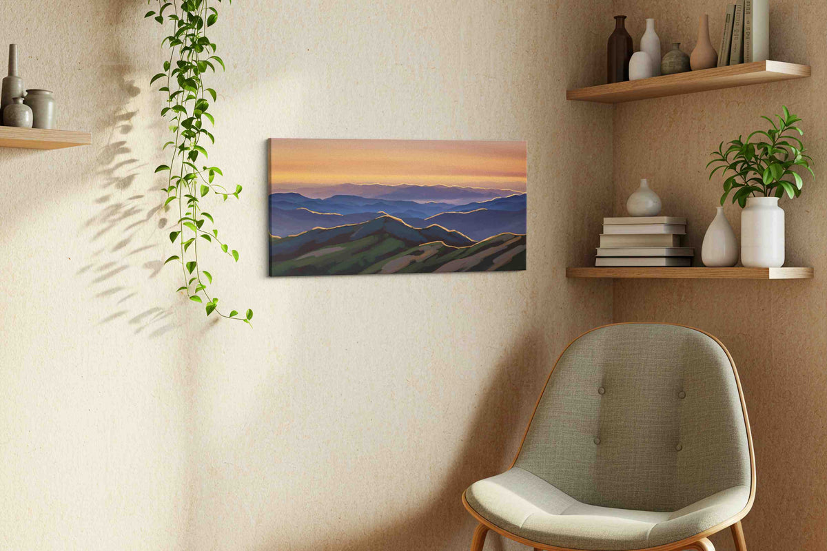 Whispers of the Dawn mountain canvas print, displayed in a living room