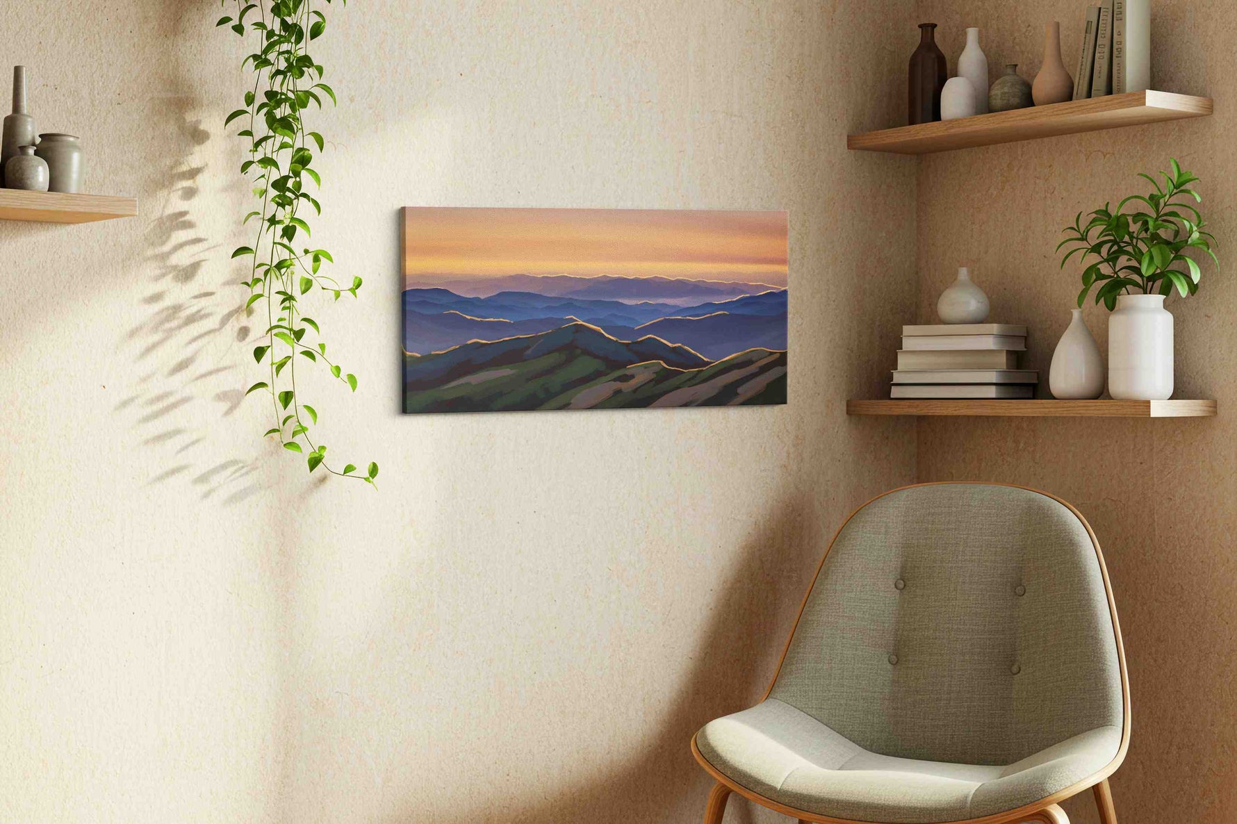 Whispers of the Dawn mountain canvas print, displayed in a living room