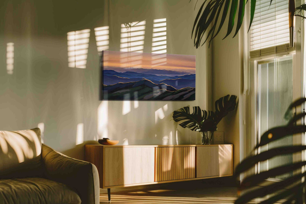 Whispers of the Dawn mountain canvas print, on wall, lifestyle preview